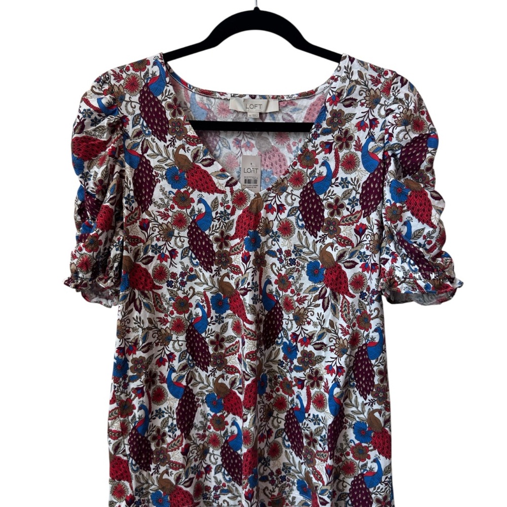 LOFT Peacock Ruffle Cinched Sleeve V-Neck Blouse (NWT)